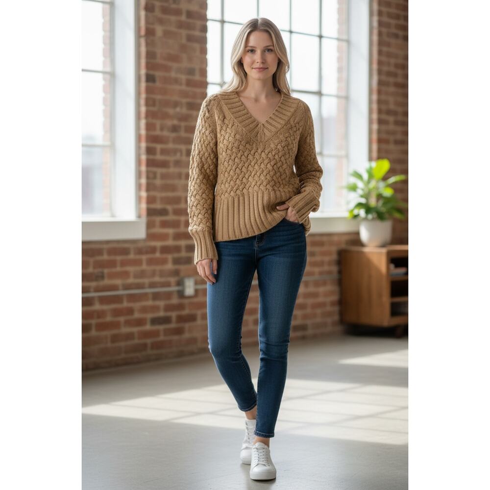 Y2K Banana Republic Italian Merino Wool Womnes Sweater Cable Knit V-neck S Beige